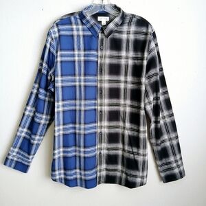 Sun + Stone Blue and Black Plaid Casual Button Down Shirt